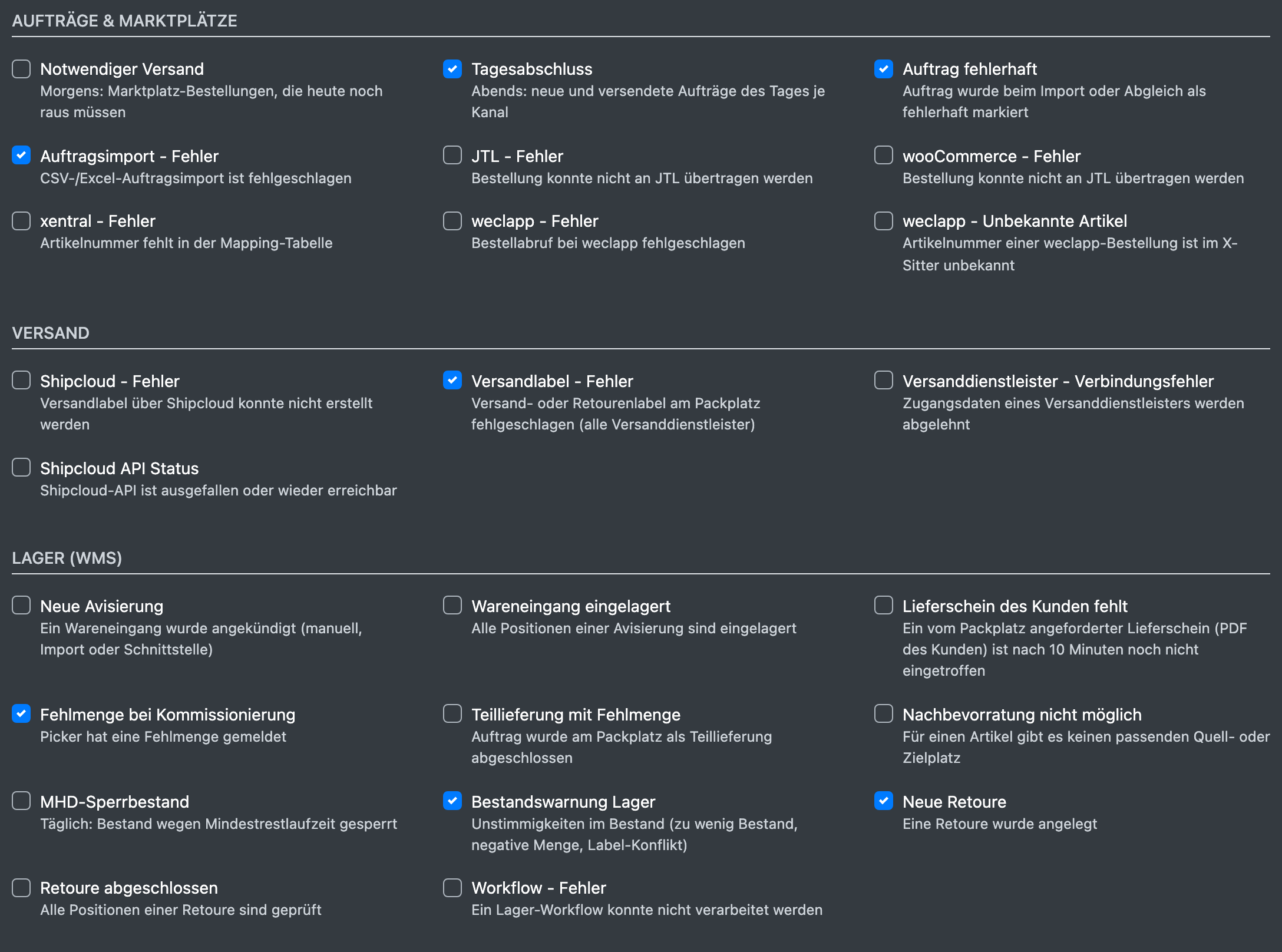 Screenshot: Benachrichtigungsgruppen mit Checkboxen, z. B. „Aufträge & Marktplätze“ und „Lager (WMS)“