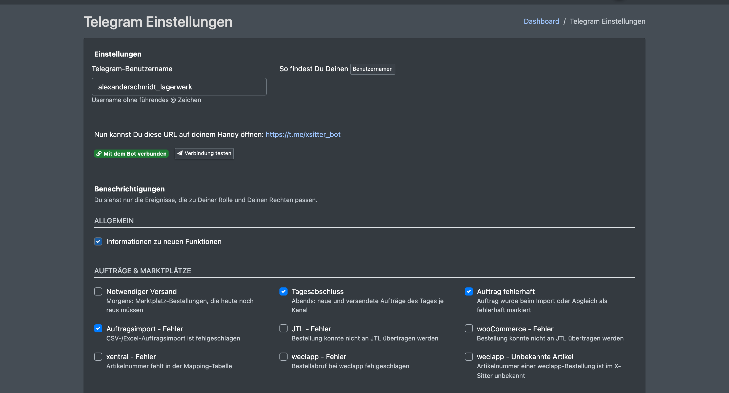 Screenshot: Seite „Telegram Einstellungen“ mit dem Telegram-Benutzernamen, dem Bot-Link, dem Status „Mit dem Bot verbunden“ und den Benachrichtigungsgruppen