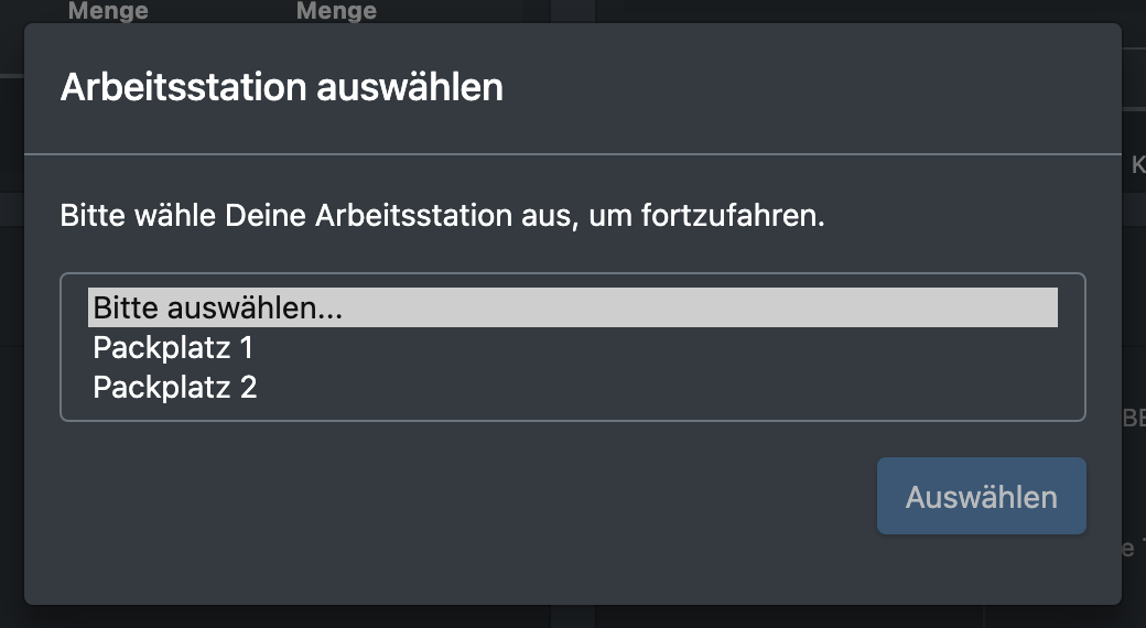 Screenshot: Dialog „Arbeitsstation auswählen“ mit der Liste der Packplätze und dem Button Auswählen