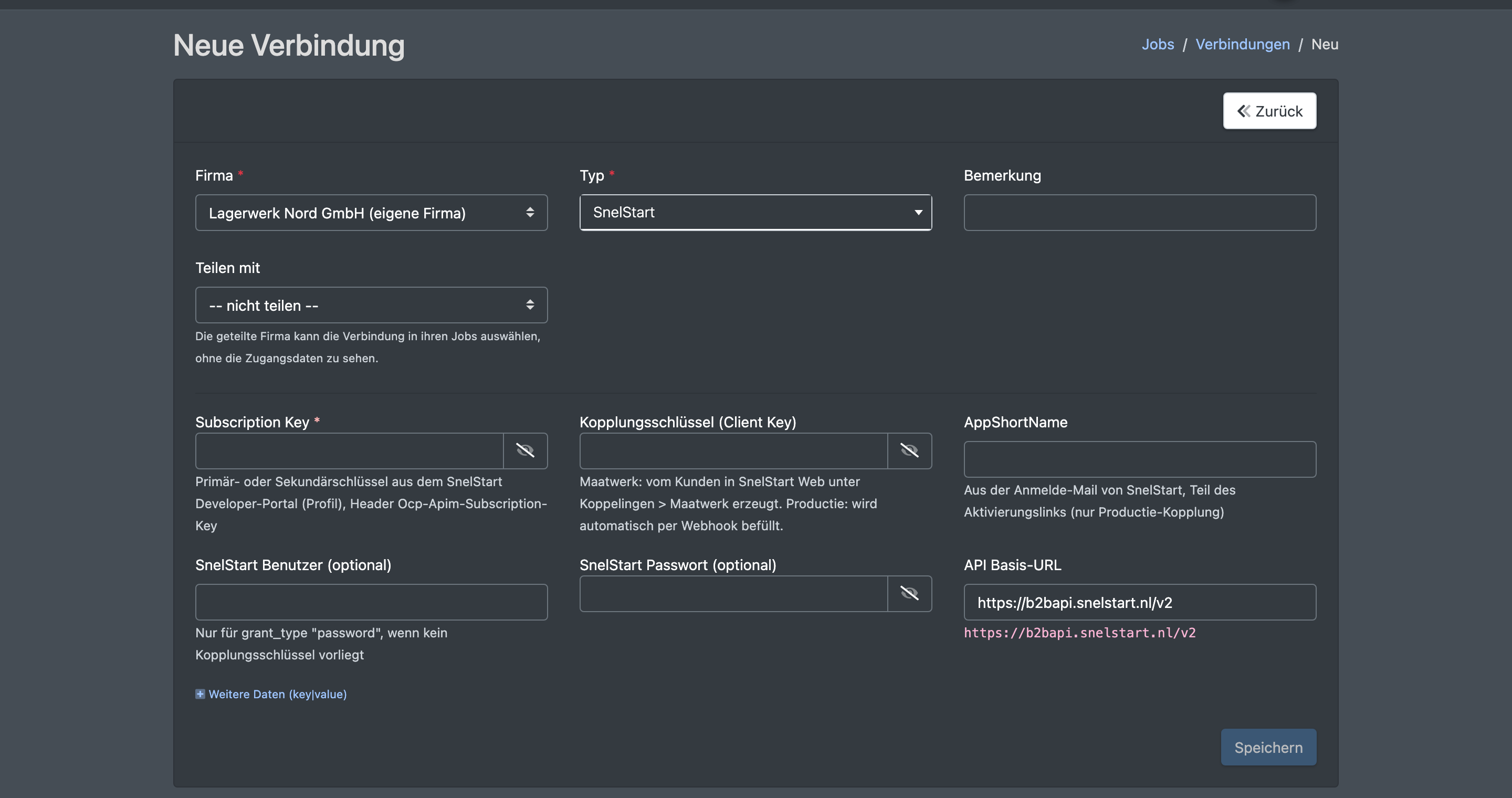 Screenshot: Verbindungsformular vom Typ SnelStart mit Subscription Key, Kopplungsschlüssel, AppShortName, Benutzer, Passwort und API Basis-URL