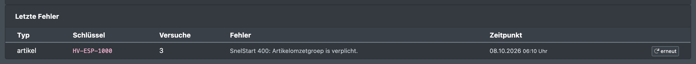 Screenshot: Karte „Letzte Fehler“ mit einem fehlgeschlagenen Artikel, seiner Fehlermeldung und dem Knopf „erneut“