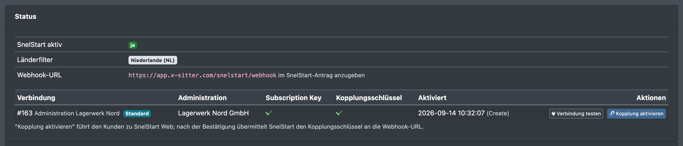 Screenshot: SnelStart-Seite, Karte „Status“ mit SnelStart aktiv, Länderfilter, Webhook-URL und der Verbindungsliste mit den Knöpfen „Verbindung testen“ und „Kopplung aktivieren“