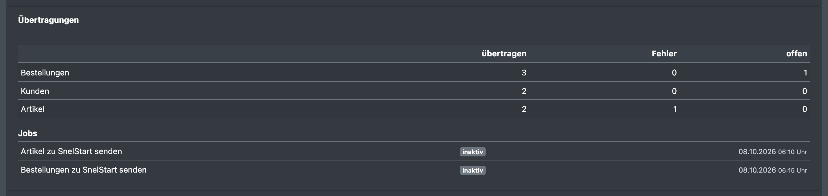 Screenshot: Karte „Übertragungen“ mit den Zählern für Bestellungen, Kunden und Artikel und der Liste der SnelStart-Jobs