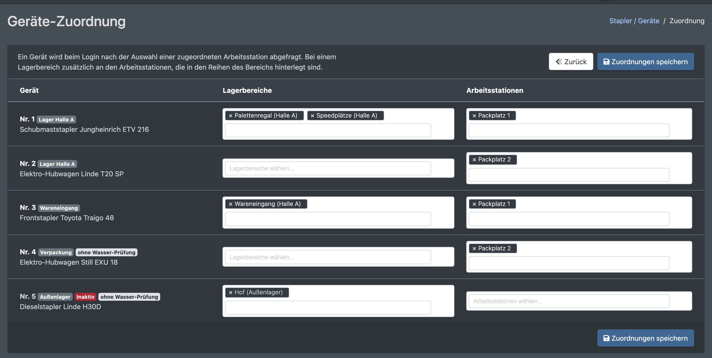 Screenshot: Reiter Geräte-Zuordnung mit einer Zeile je Gerät und den Mehrfachauswahlen für Lagerbereiche und Arbeitsstationen