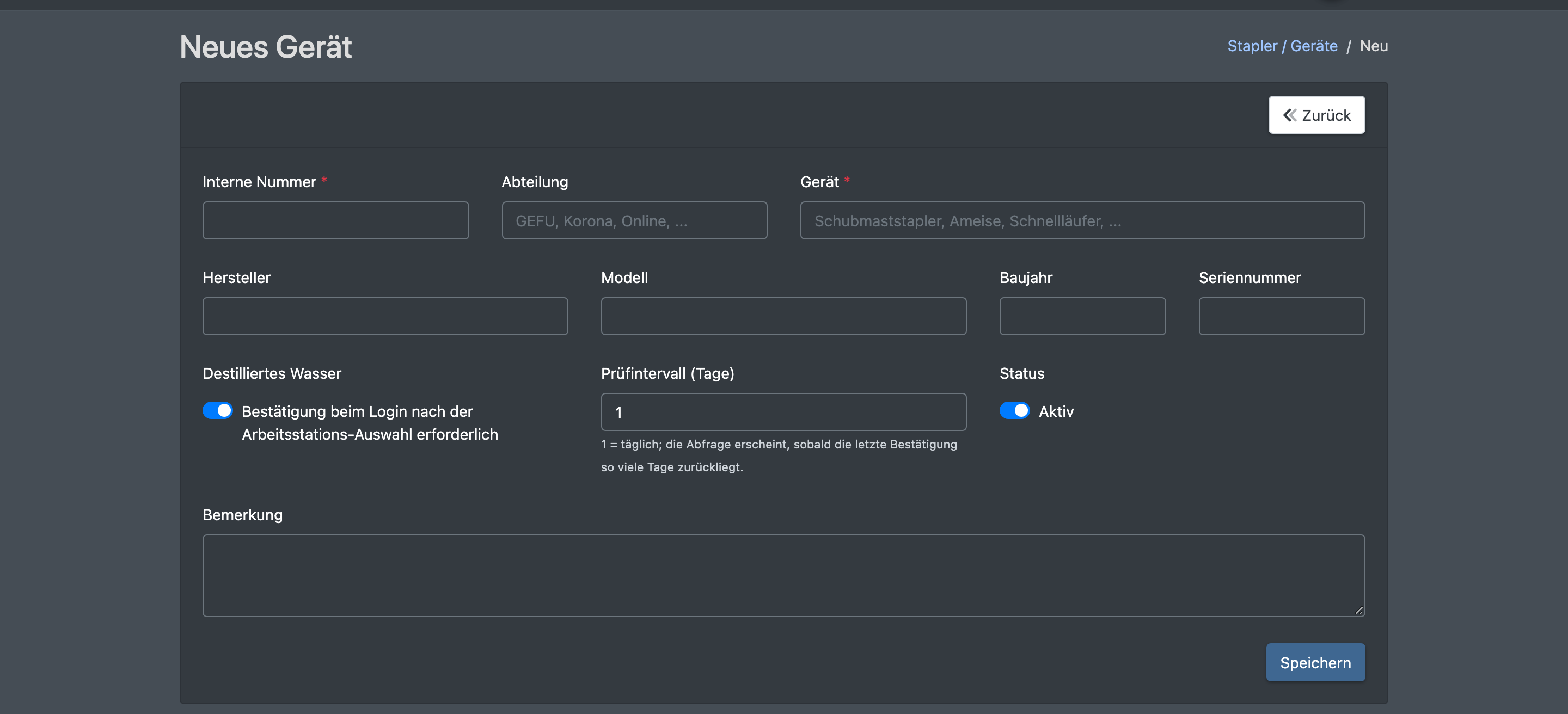 Screenshot: Formular Neues Gerät mit Interne Nummer, Abteilung, Gerät, Hersteller, Modell, Baujahr, Seriennummer, Haken Destilliertes Wasser und Prüfintervall