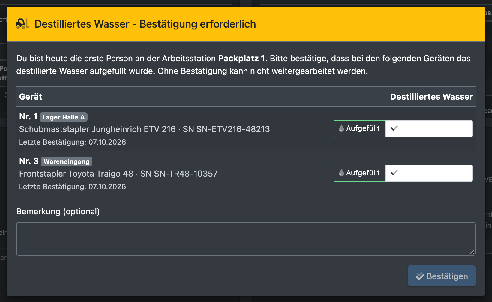 Screenshot: Dialog zur Bestätigung des destillierten Wassers beim Login mit zwei Geräten und den Optionen Aufgefüllt / Geprüft, nicht nötig