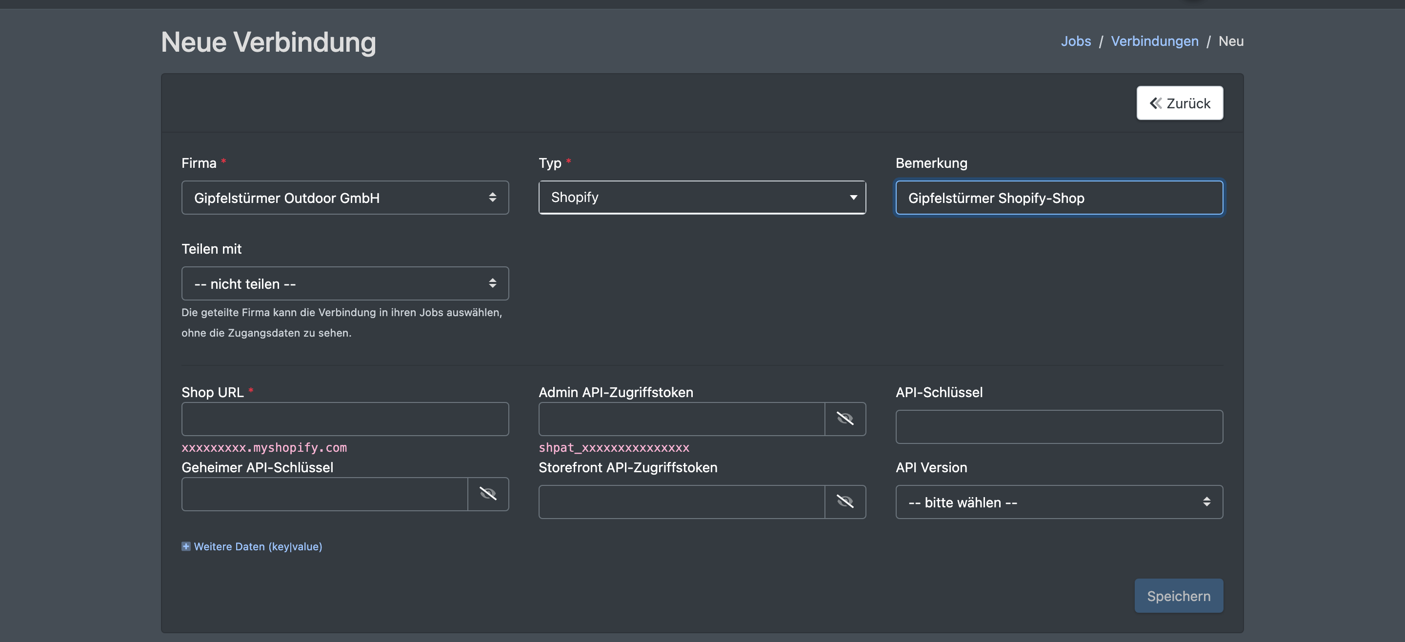 Screenshot: Formular „Neue Verbindung“ mit Firma, Typ, Bemerkung, Teilen mit und den Zugangsdaten-Feldern des gewählten Typs