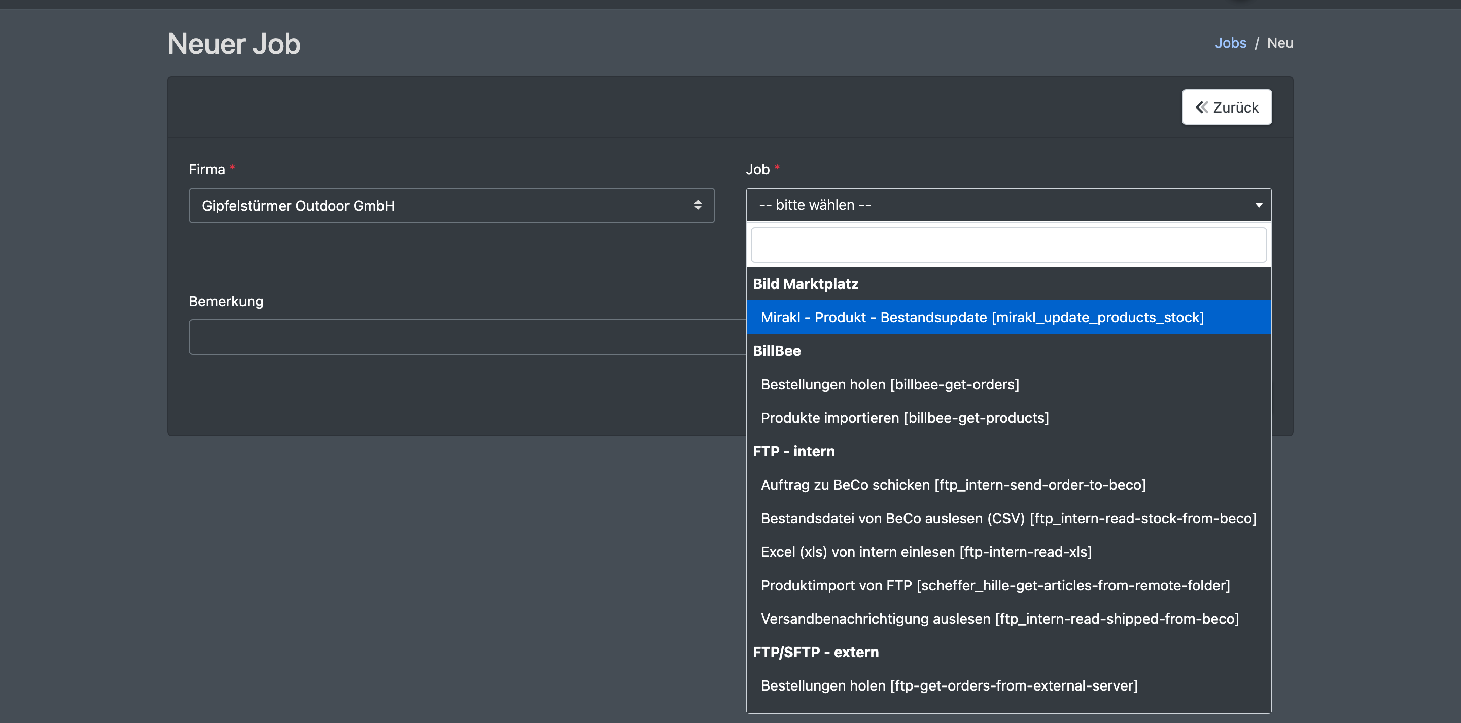 Screenshot: Formular „Neuer Job“ mit der Firmenauswahl und der aufgeklappten, gruppierten Jobliste