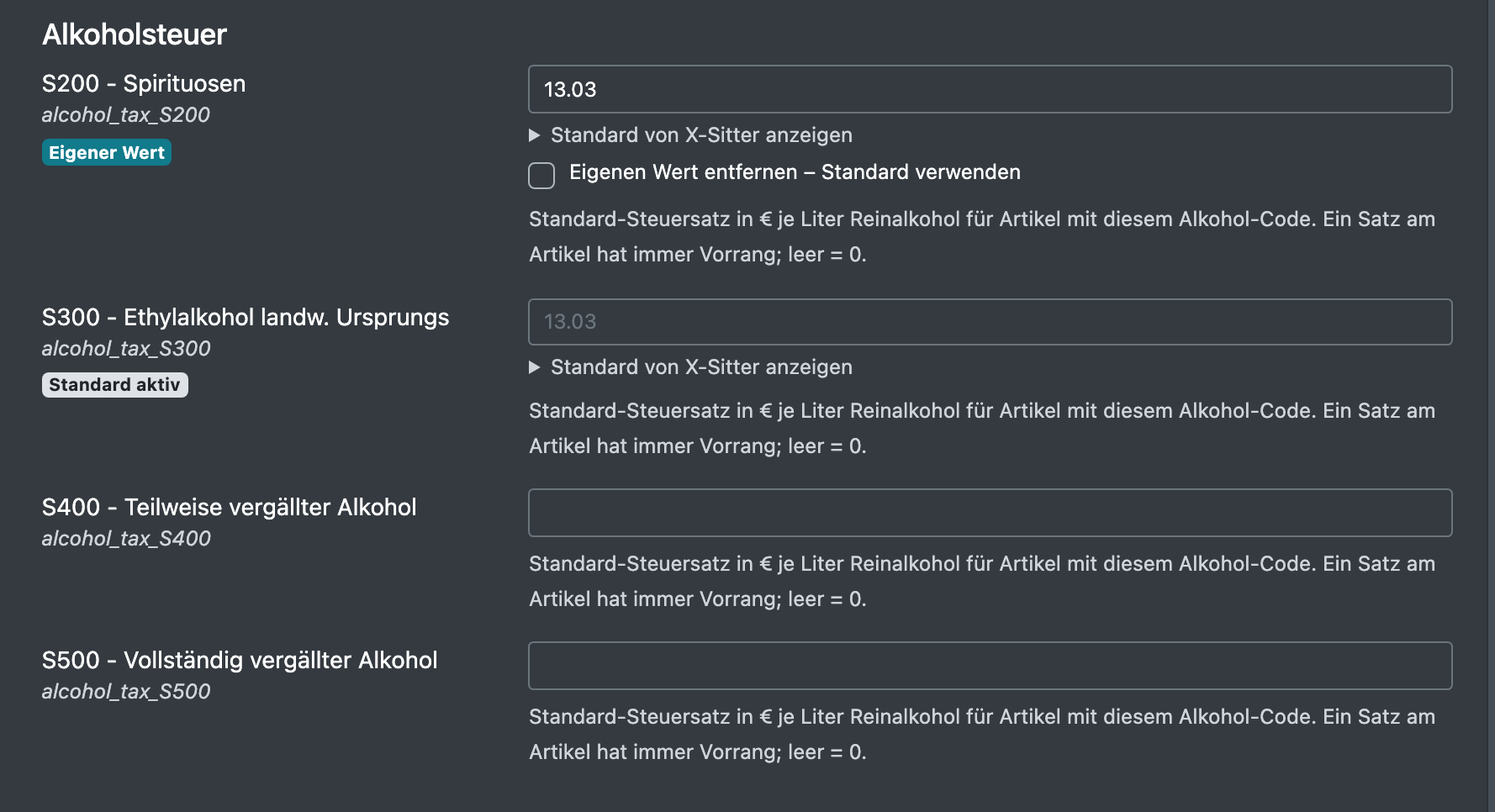 Screenshot: Bereich Alkoholsteuer mit den Satzfeldern je Alkoholcode, einige mit „Standard aktiv“