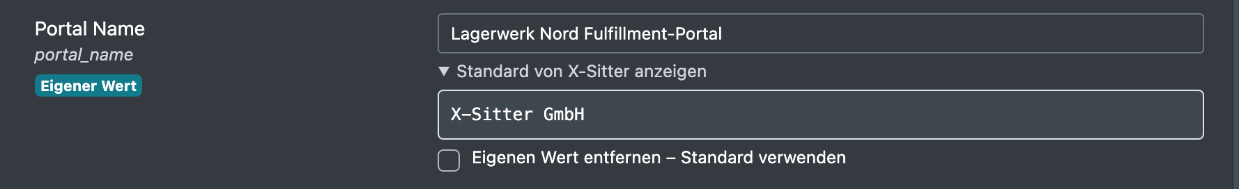 Screenshot: Ein Einstellungsfeld mit dem Abzeichen „Eigener Wert“, dem aufgeklappten Bereich „Standard von X-Sitter anzeigen“ und dem Haken zum Zurücksetzen