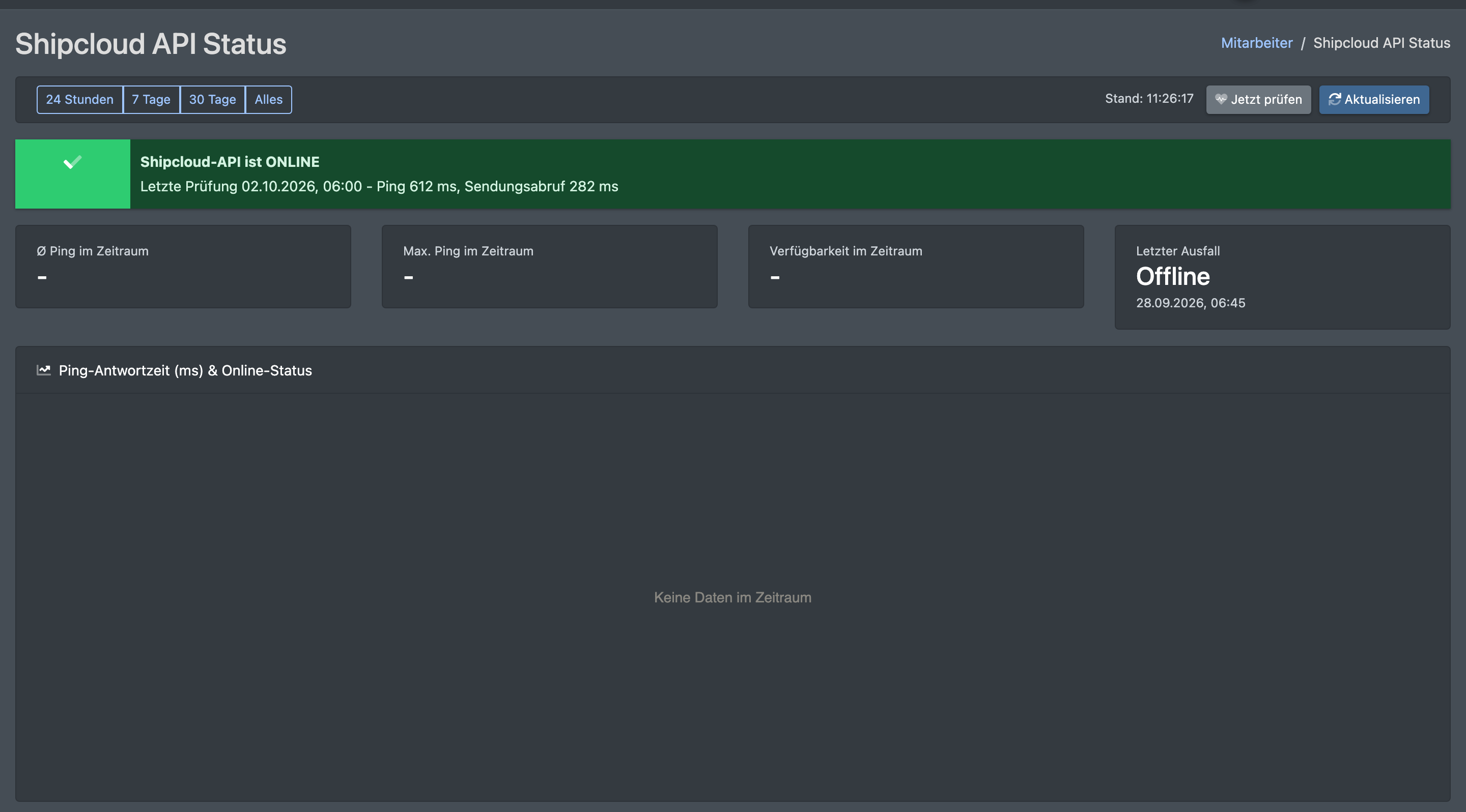 Screenshot: Seite Shipcloud API Status mit den Zeitraum-Schaltflächen, den vier Kennzahlen und dem Ping-Diagramm