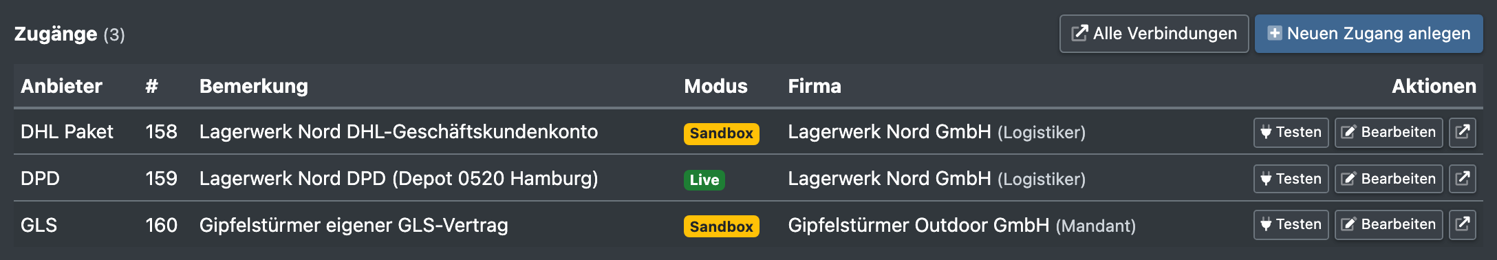 Screenshot: Tabelle der Zugänge mit Anbieter, Nummer, Bemerkung, Modus (Sandbox/Live), Firma und den Schaltflächen Testen / Bearbeiten