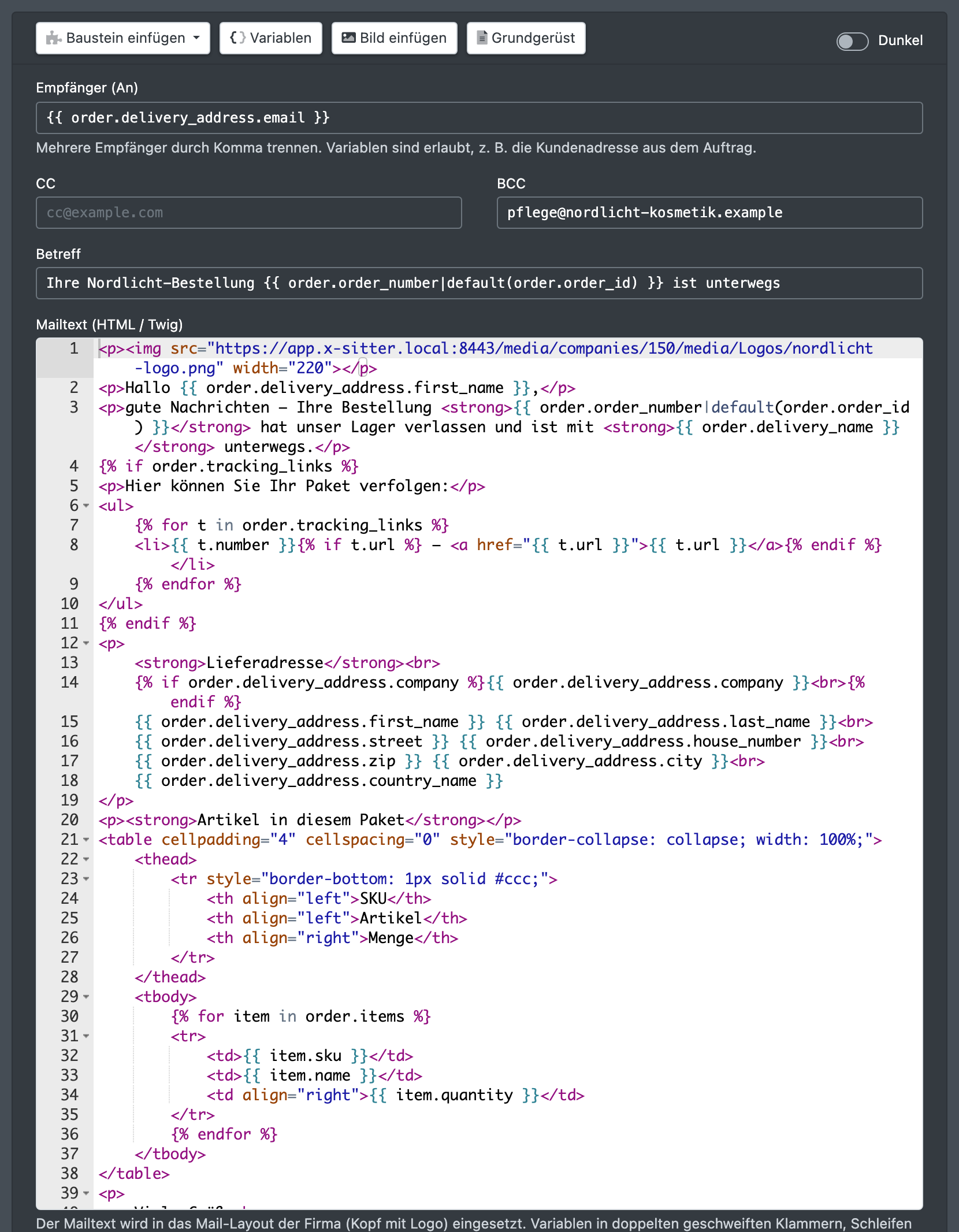 Screenshot: Editor für E-Mail-Vorlagen mit Empfänger, Betreff, Mailtext und der Werkzeugleiste