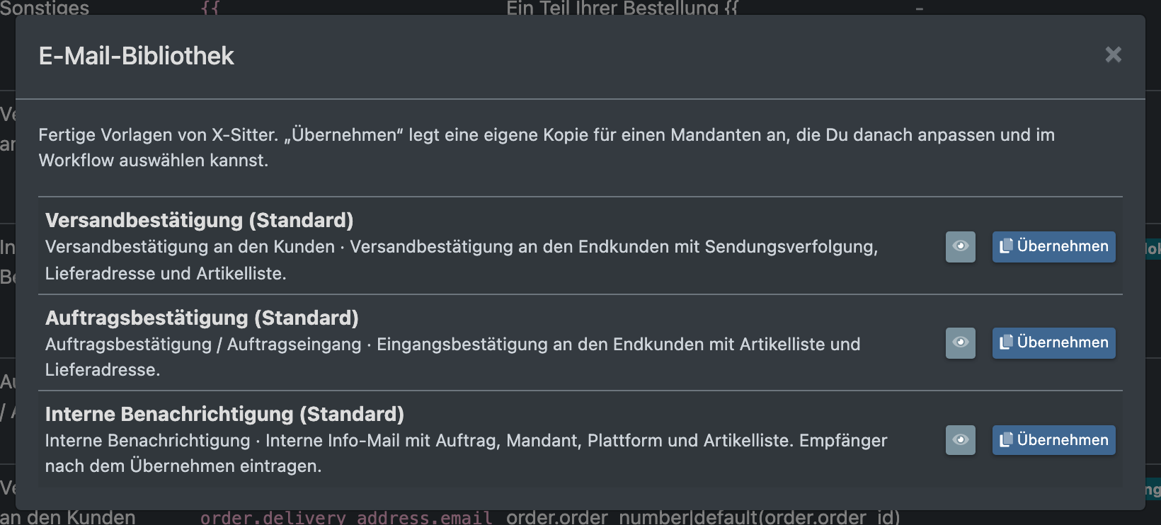 Screenshot: Dialog „E-Mail-Bibliothek“ mit fertigen Vorlagen und dem Button „Übernehmen“