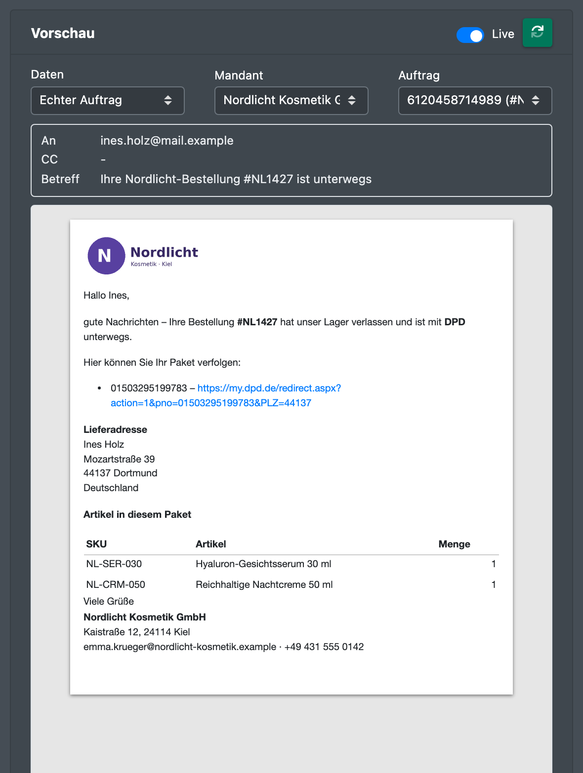 Screenshot: E-Mail-Vorschau mit einem ausgewählten echten Auftrag