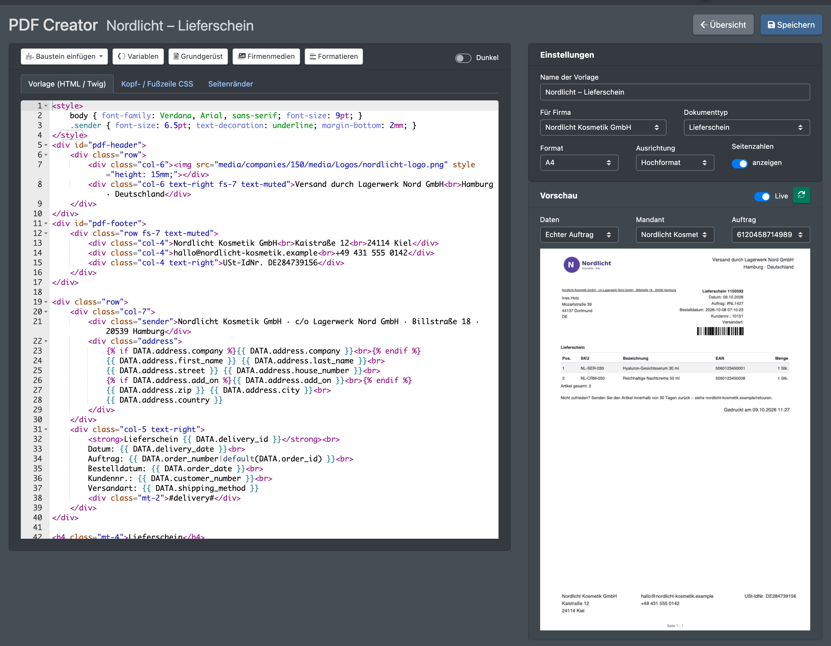 Screenshot: PDF Creator mit dem Bereich „Einstellungen“, dem HTML-Editor und der Live-PDF-Vorschau