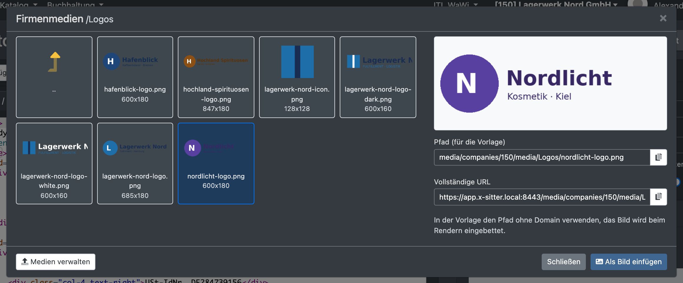 Screenshot: Dialog „Firmenmedien“ mit einem ausgewählten Bild und dem Button „Pfad kopieren“