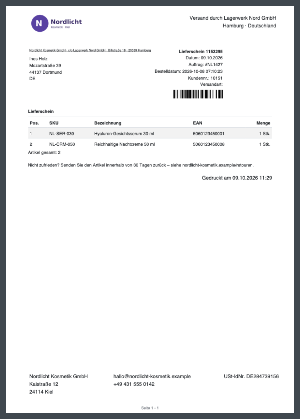 Screenshot: Vorschau einer Lieferschein-Vorlage mit Beispieldaten, Barcode und Positionstabelle