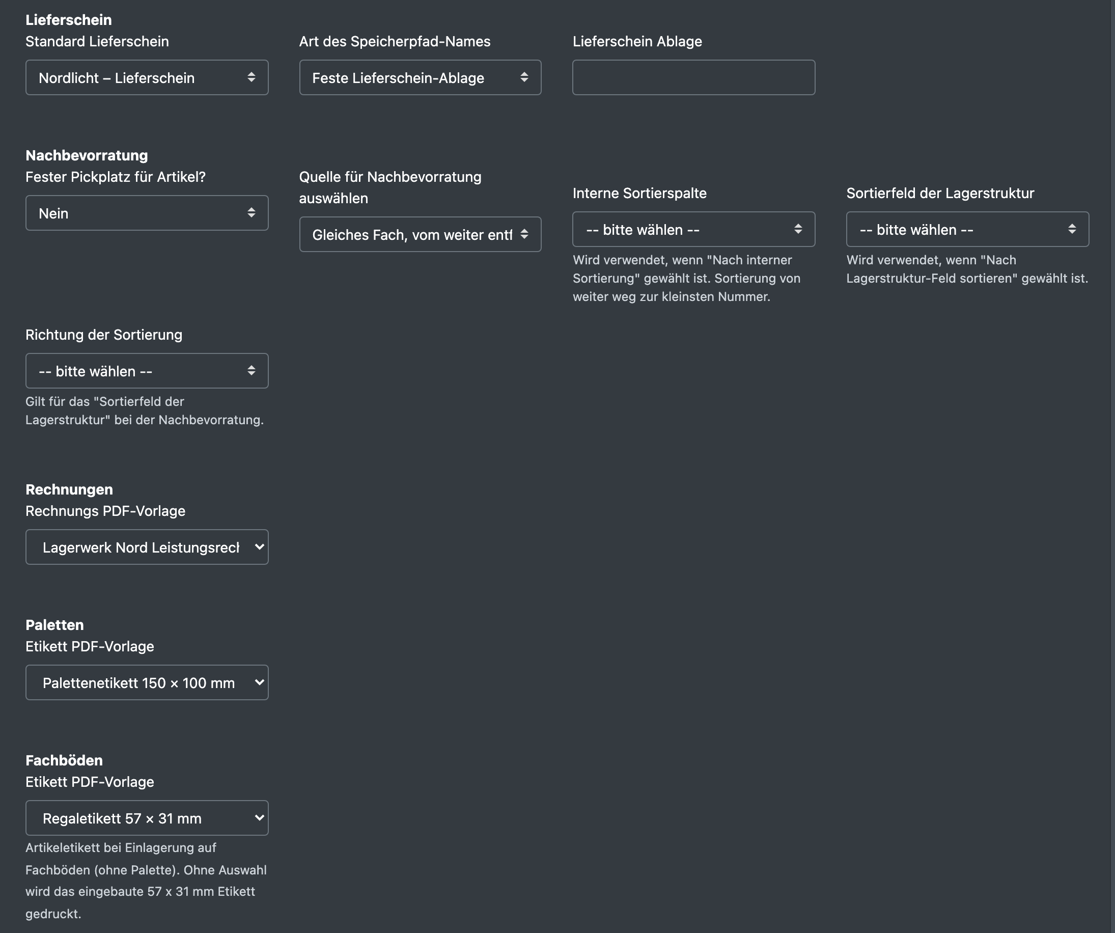 Screenshot: Lagereinstellungen, Reiter „Konfigurationen“, mit den Auswahlfeldern für die Vorlagen