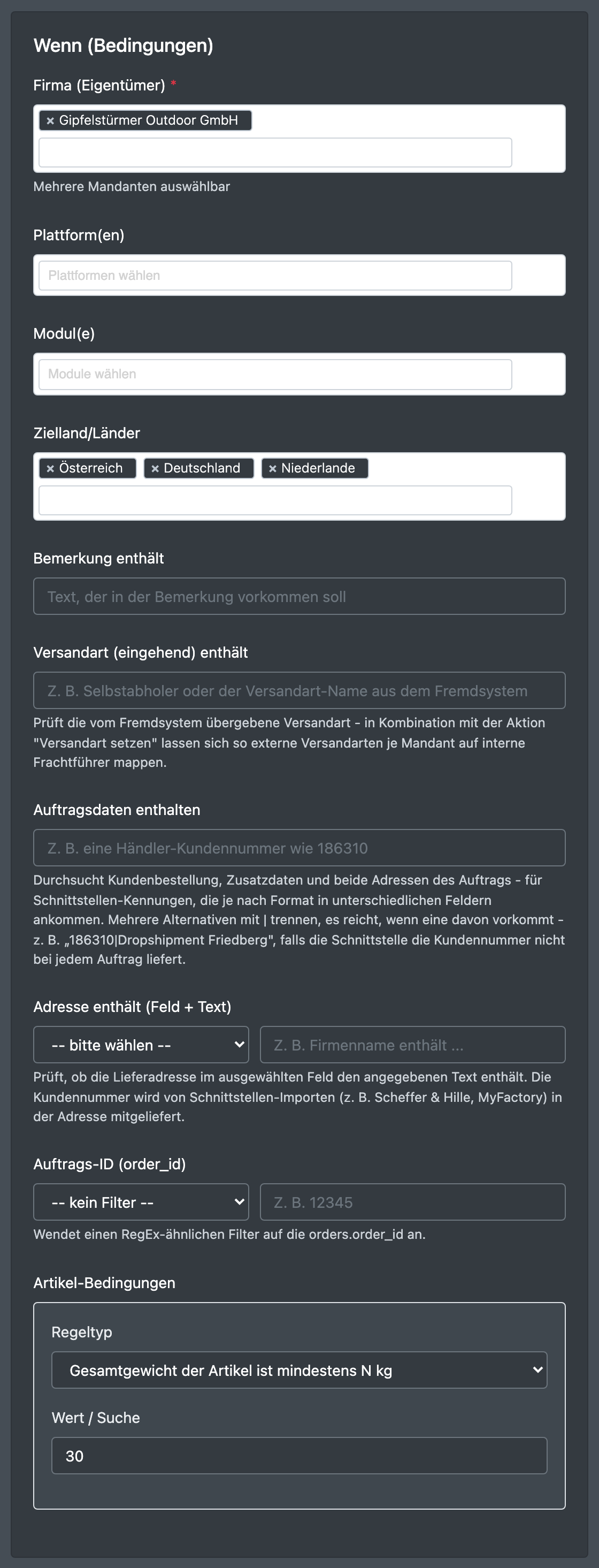 Screenshot: Bereich „Wenn (Bedingungen)“ mit Mandantenauswahl, Ländern und einer Artikelregel