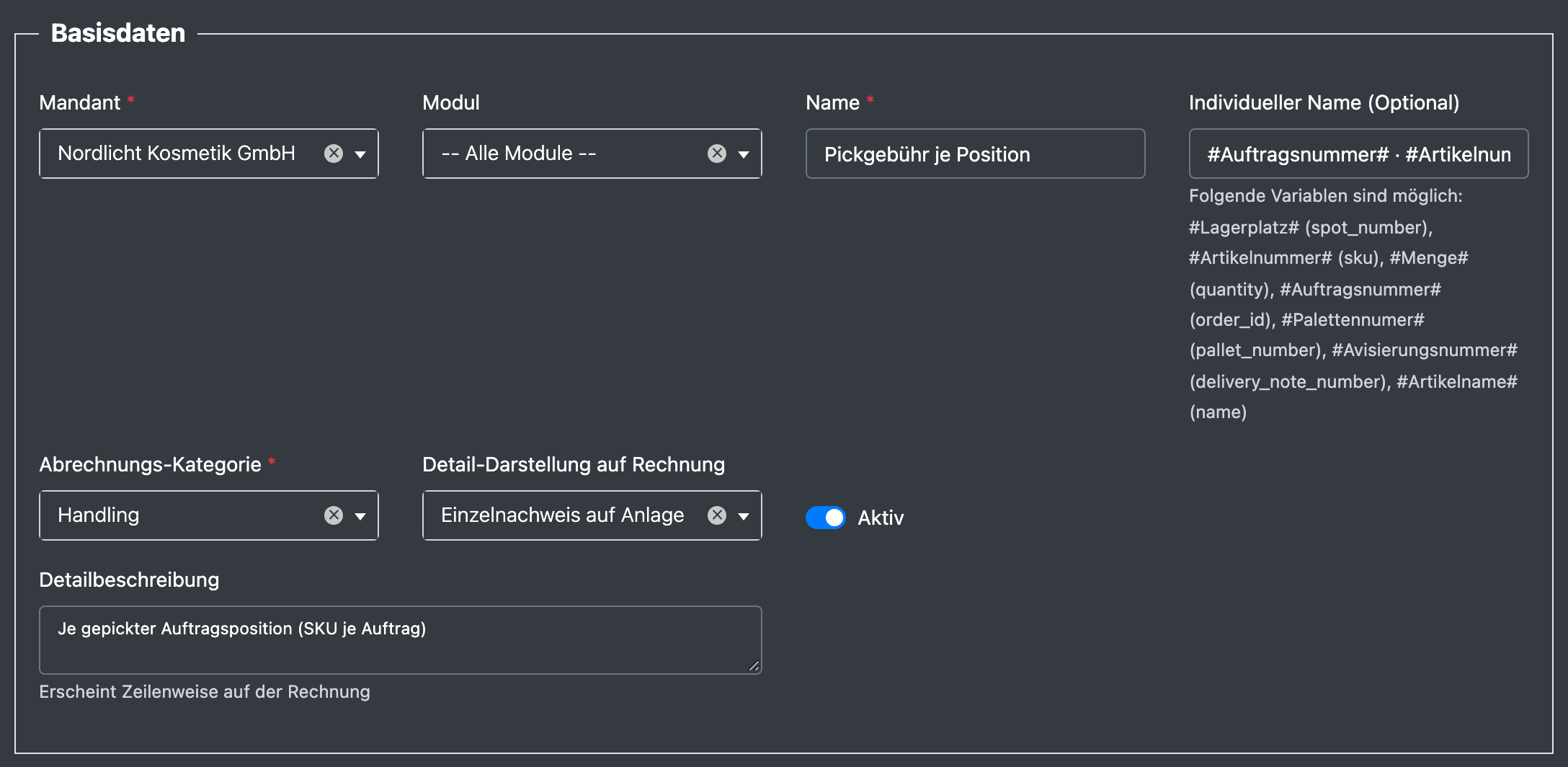 Screenshot: Bereich „Basisdaten“ des Formulars für Artikelkosten-Vorlagen
