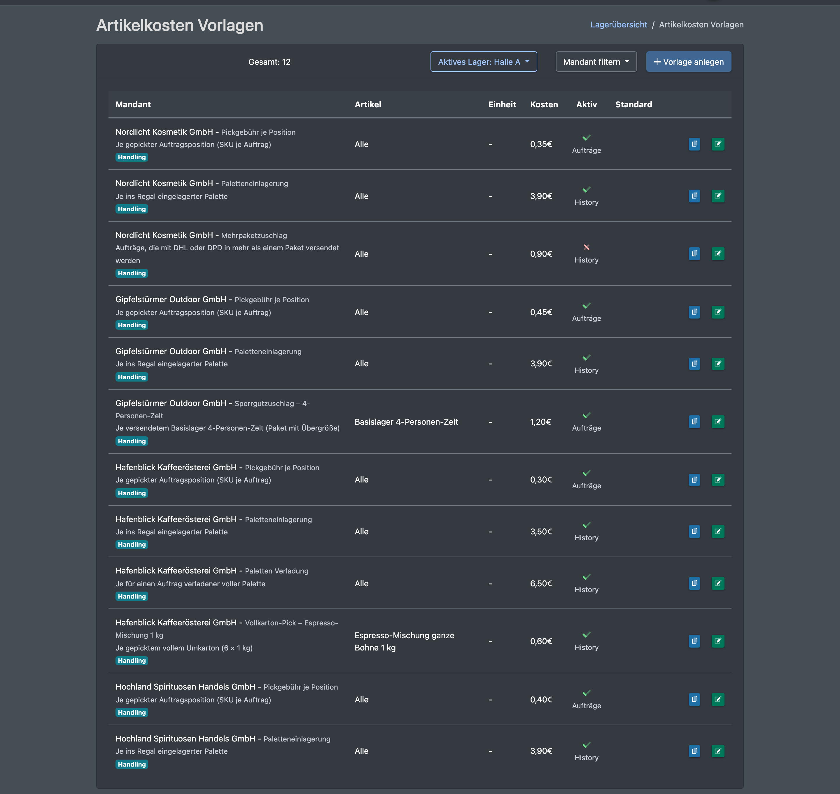 Screenshot: Liste der Artikelkosten-Vorlagen mit Mandanten-Filter und den Spalten Mandant, Artikel, Einheit, Kosten und Aktiv