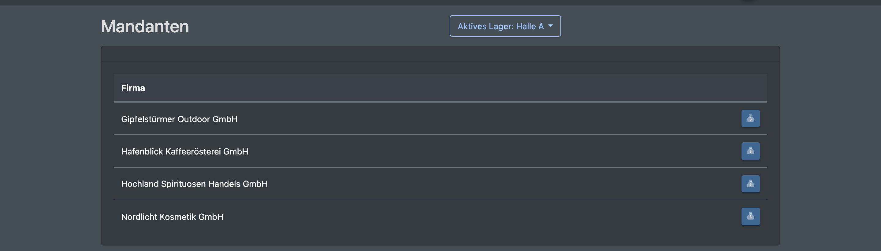 Screenshot: Seite „Mandanten“ unter Mandanten Abrechnungen mit der Liste der aktiven Mandanten und dem Geld-Button je Zeile