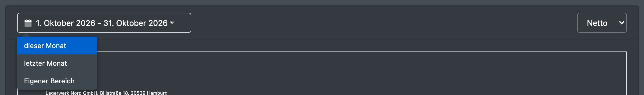 Screenshot: Seite „Lagerkosten Abrechnung“ mit der Zeitraum-Auswahl (dieser Monat, letzter Monat, Eigener Bereich) und dem Netto/Brutto-Schalter