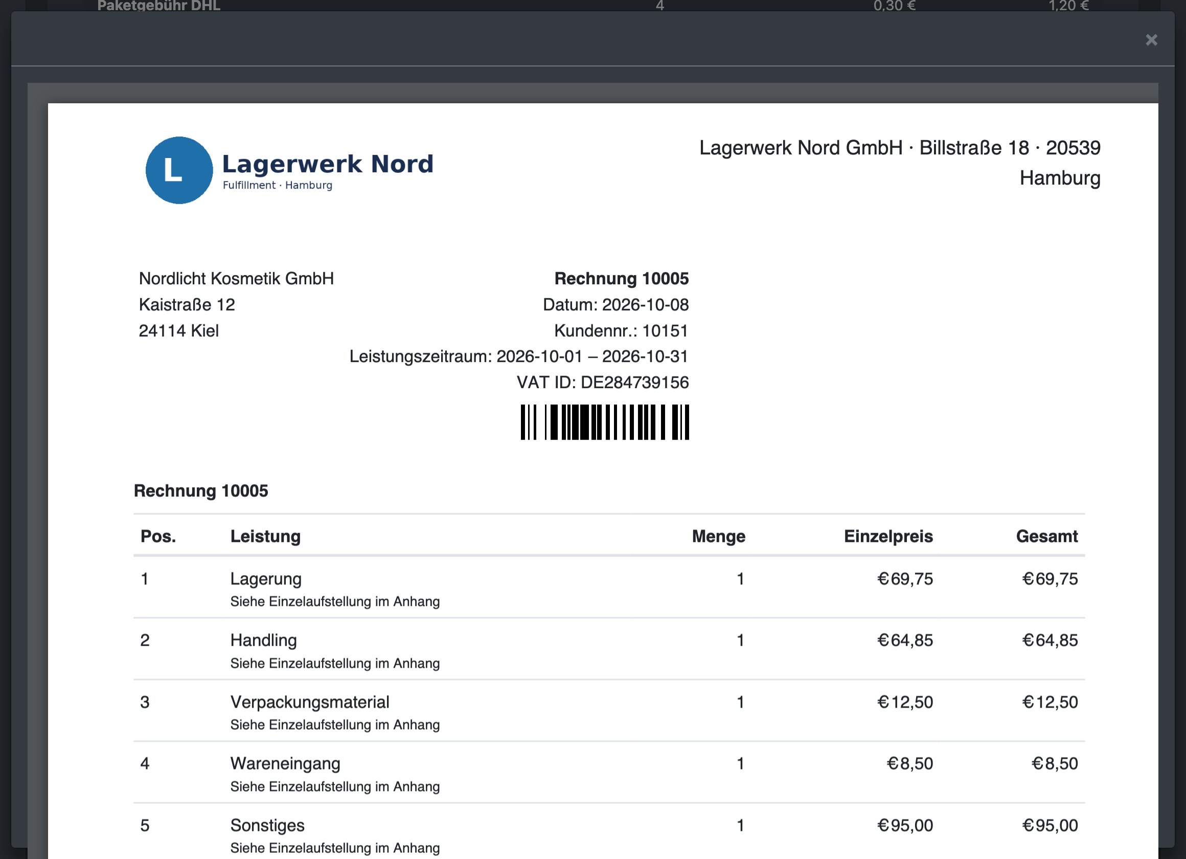 Screenshot: PDF-Vorschaufenster des Leistungsnachweises