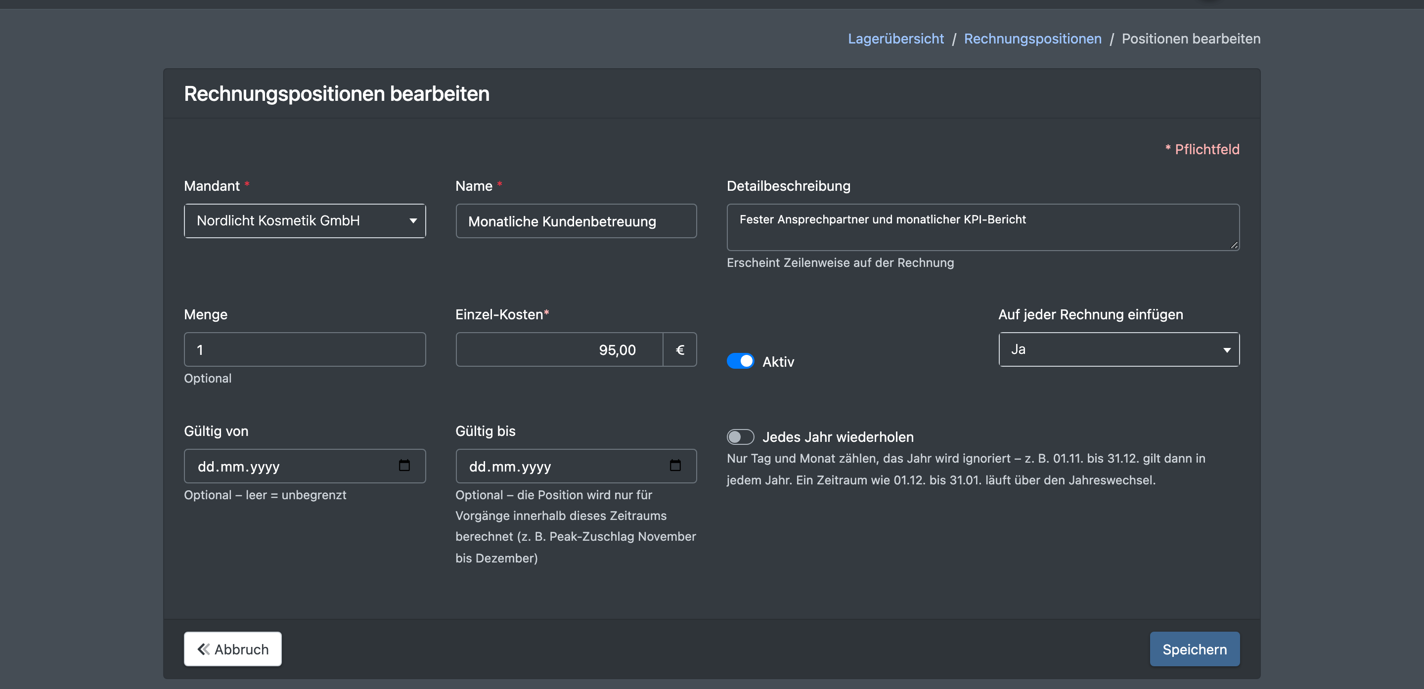 Screenshot: Formular der Rechnungs-Position mit Mandant, Name, Detailbeschreibung, Menge, Einzel-Kosten, Aktiv und „Auf jeder Rechnung einfügen“ auf Ja