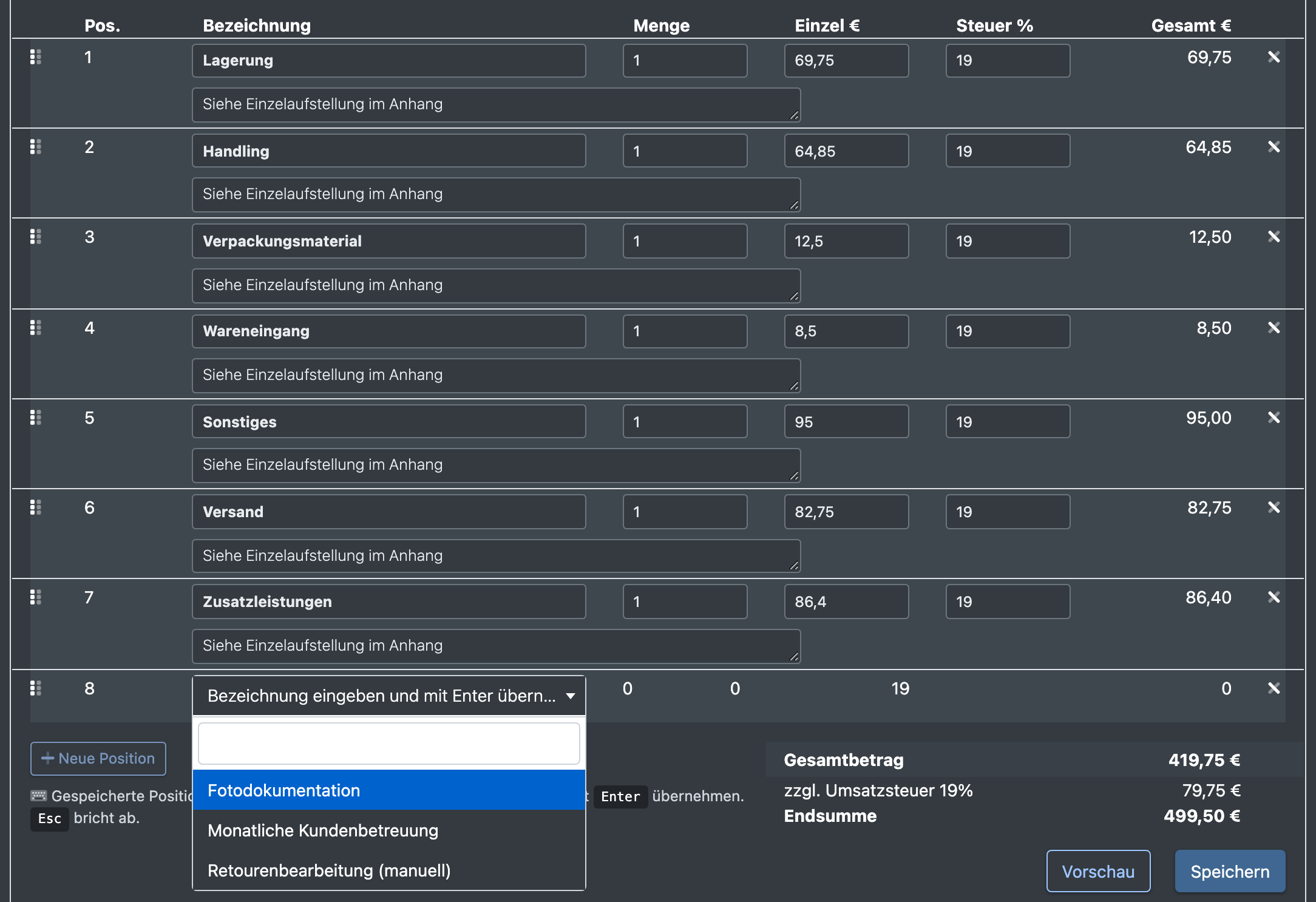 Screenshot: Mandanten-Abrechnung mit geöffnetem Feld „Neue Position“ und der Auswahlliste der gespeicherten Rechnungs-Positionen des Mandanten