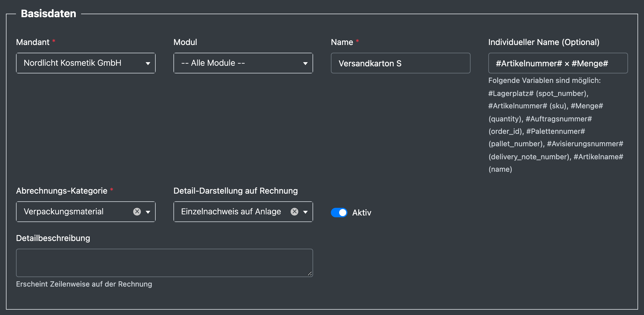 Screenshot: Bereich „Basisdaten“ des Formulars für Materialkosten-Vorlagen