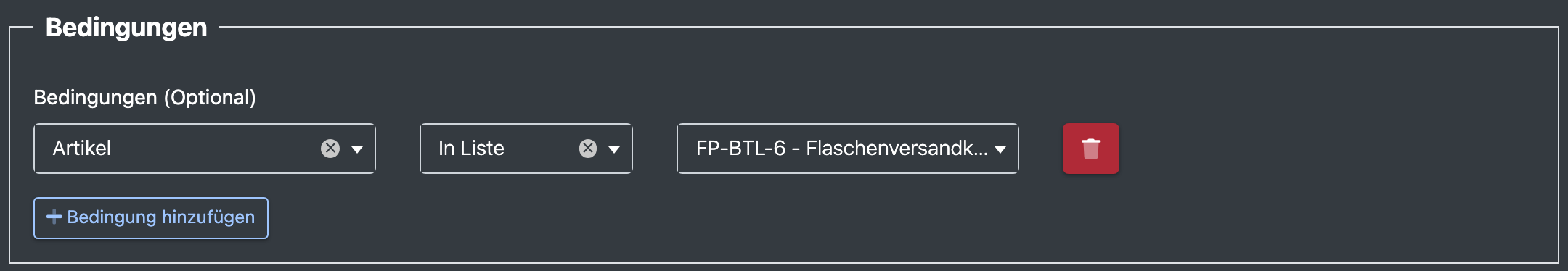 Screenshot: Bereiche „Filter“ und „Bedingungen“ mit einem Auftragsstatus-Filter und einer Bedingung auf einen Artikel