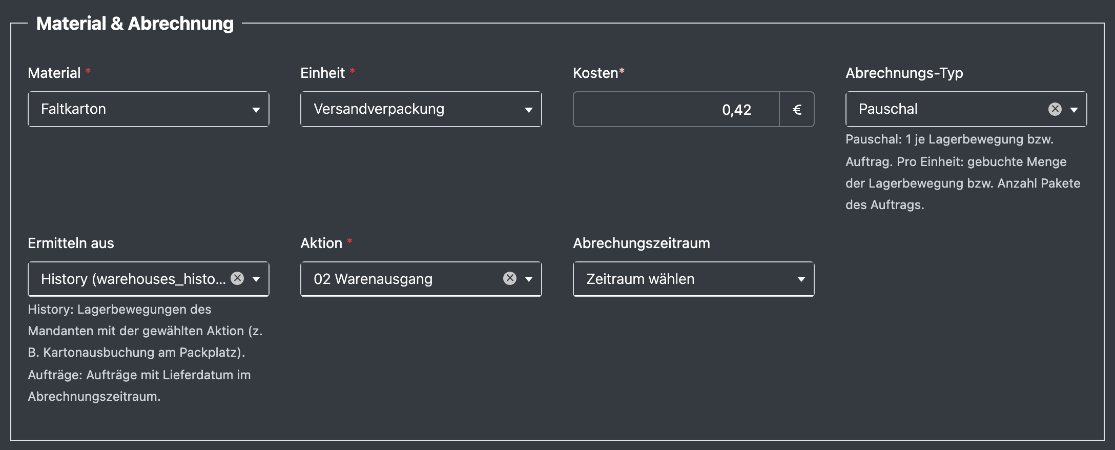 Screenshot: Bereich „Material & Abrechnung“ mit Material, Einheit, Kosten und Aktion