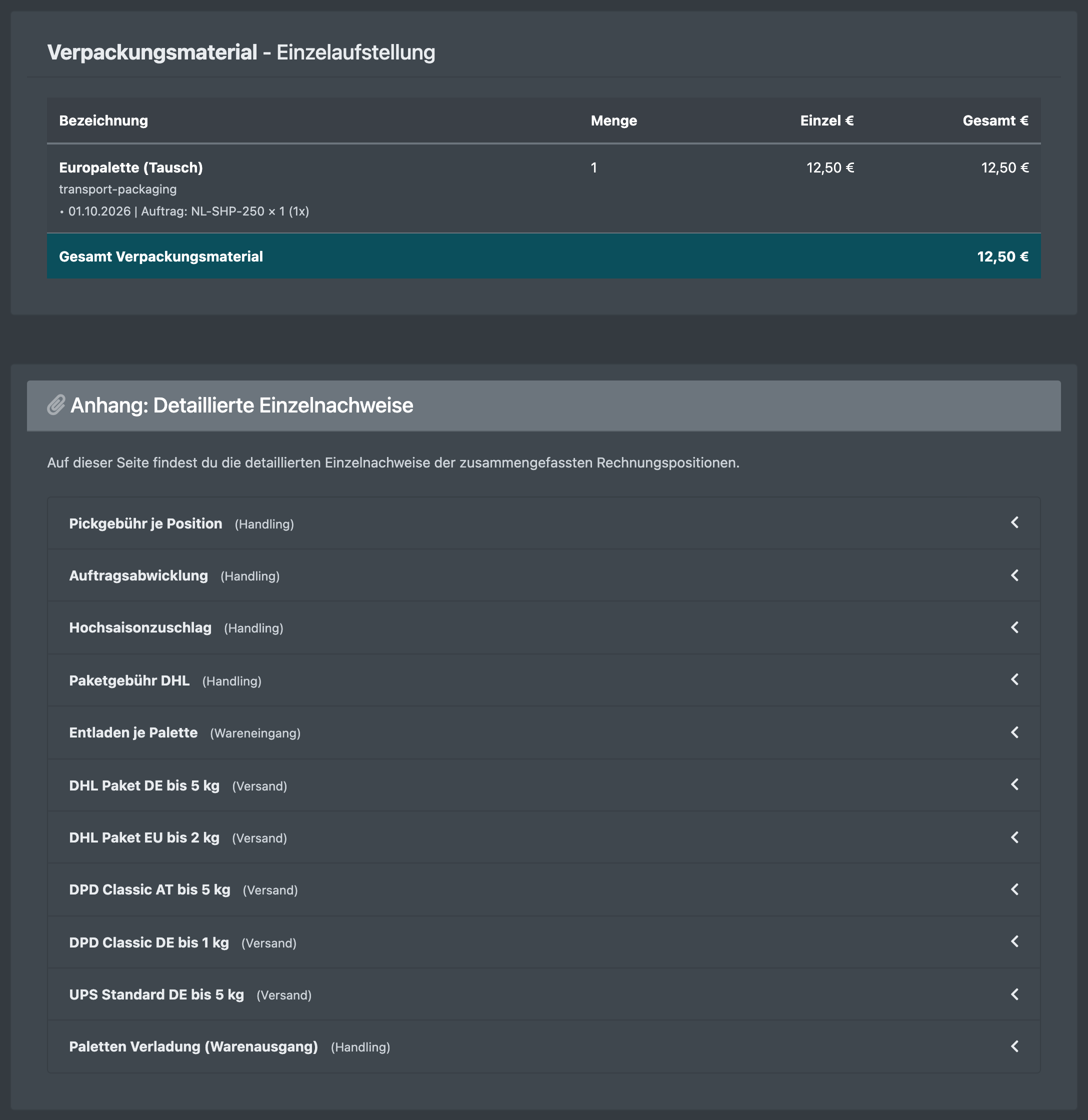 Screenshot: Mandanten-Abrechnung mit einer Materialkosten-Position und ihrer Einzelaufstellung nach Datum und Auftragsnummer