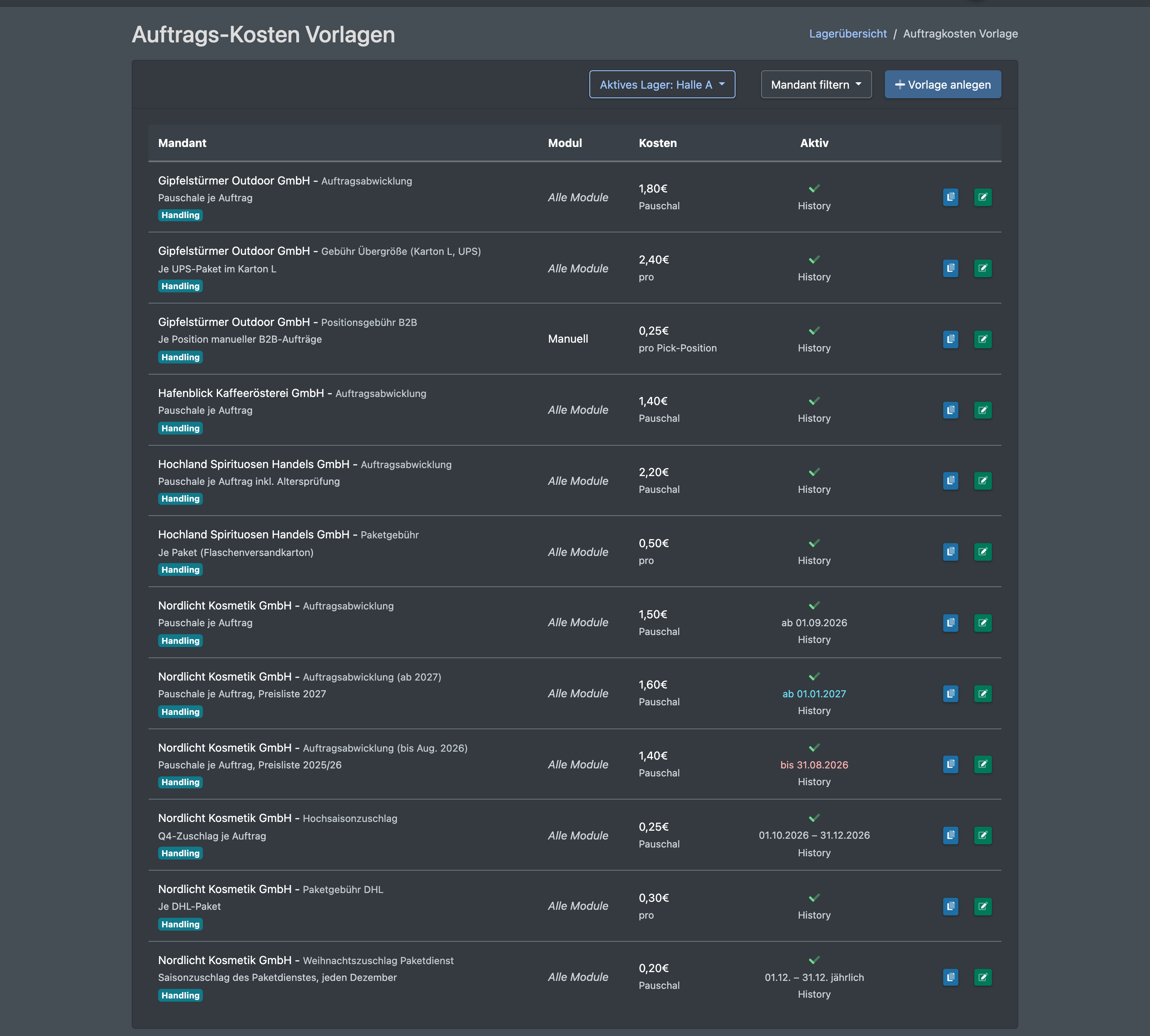 Screenshot: Liste der Auftragskosten-Vorlagen mit Mandanten-Filter und den Spalten Mandant, Modul, Kosten und Aktiv