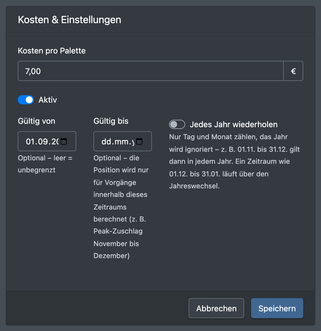 Screenshot: Bereich „Kosten & Einstellungen“ mit Kosten pro Palette, Aktiv und den Feldern für den Gültigkeitszeitraum