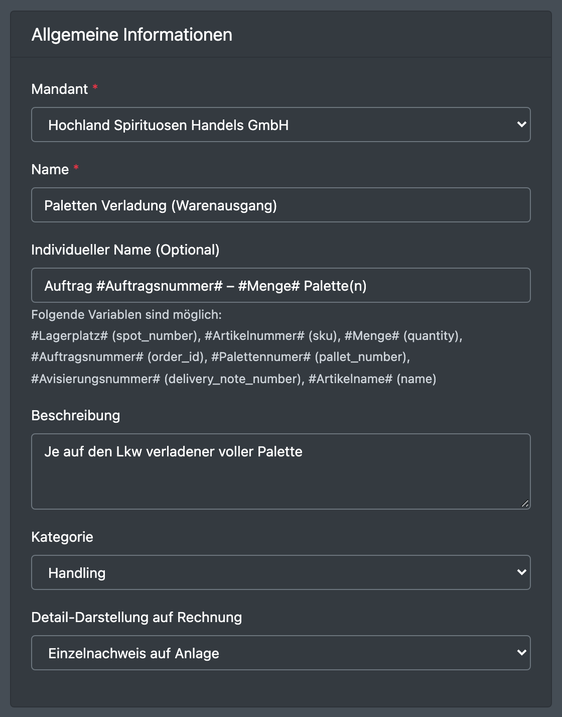 Screenshot: Bereich „Allgemeine Informationen“ des Formulars für Palettenkosten-Vorlagen