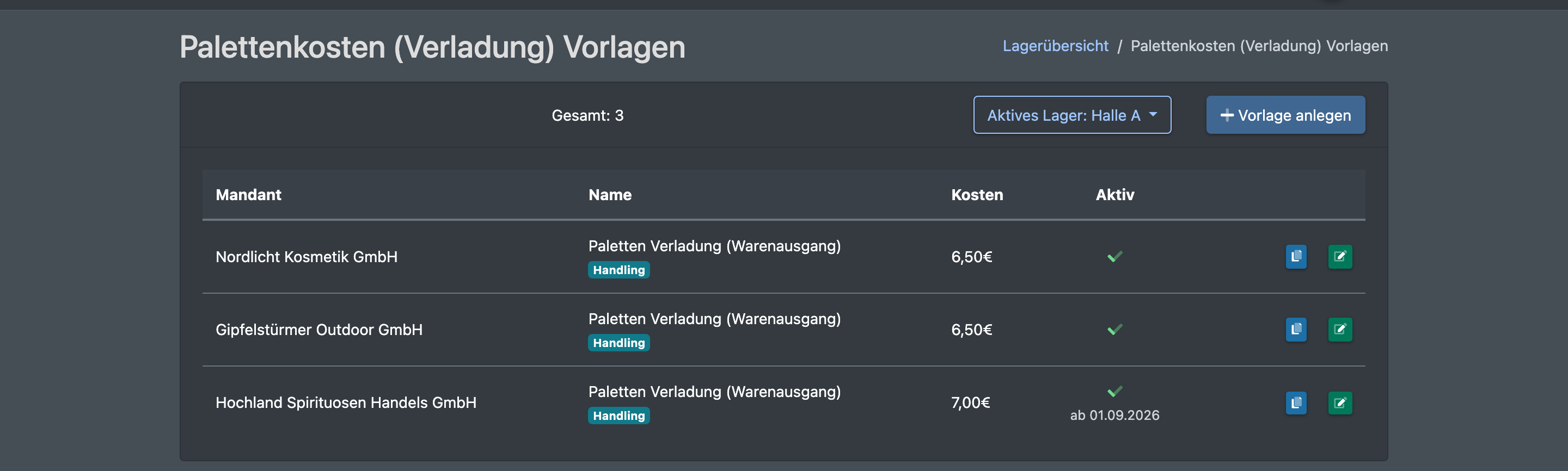 Screenshot: Liste „Palettenkosten (Verladung) Vorlagen“ mit den Spalten Mandant, Name, Kosten und Aktiv