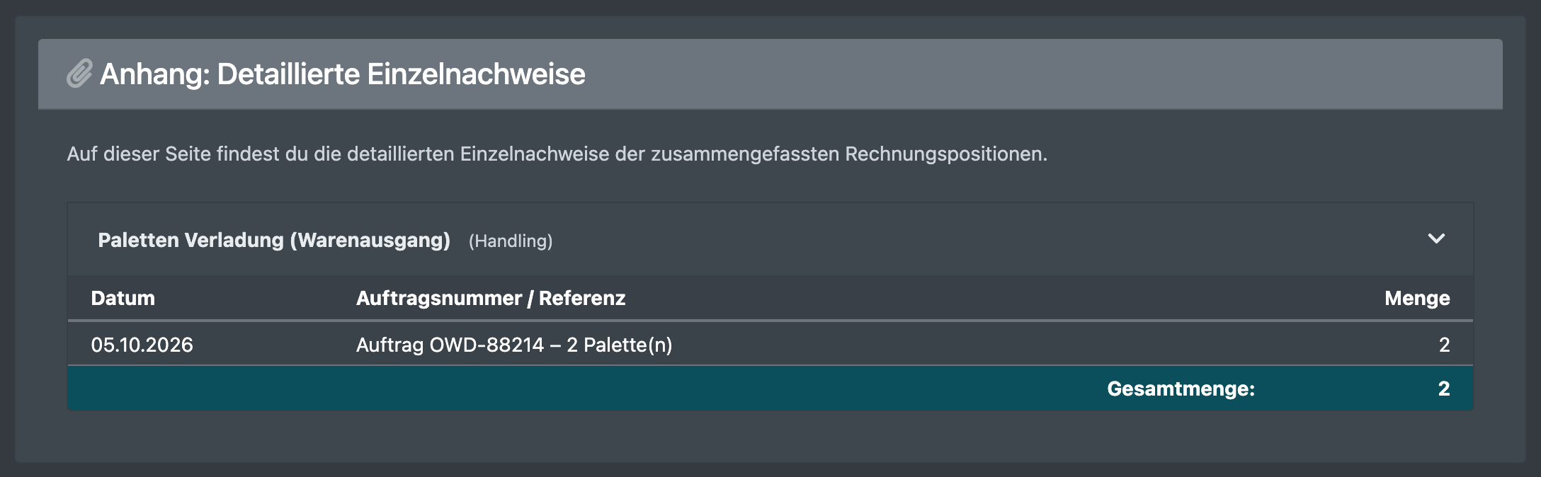 Screenshot: Anhang der Mandanten-Abrechnung mit Palettenkosten-Zeilen mit Datum, Auftragsnummer und Anzahl der Paletten