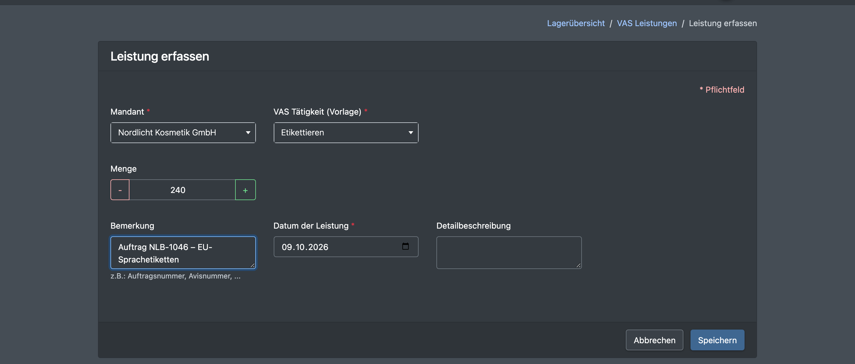 Screenshot: Formular „VAS Tätigkeit erfassen“ mit Mandant, VAS Tätigkeit (Vorlage), Menge, Abrechnungs-Kategorie, Bemerkung und Datum der Leistung