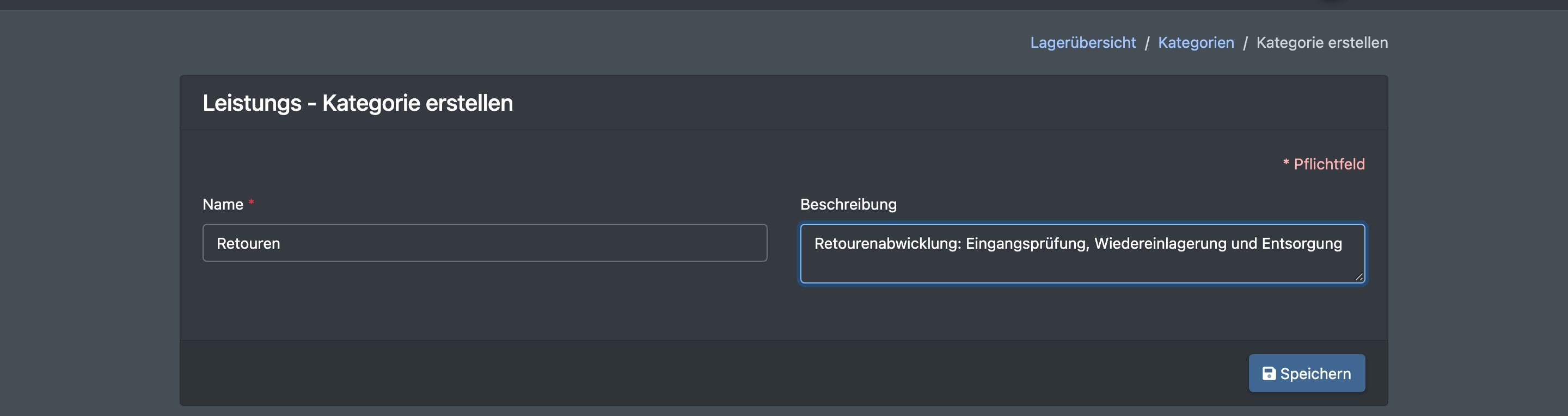 Screenshot: Formular „Kategorie erstellen“ mit ausgefüllten Feldern Name und Beschreibung