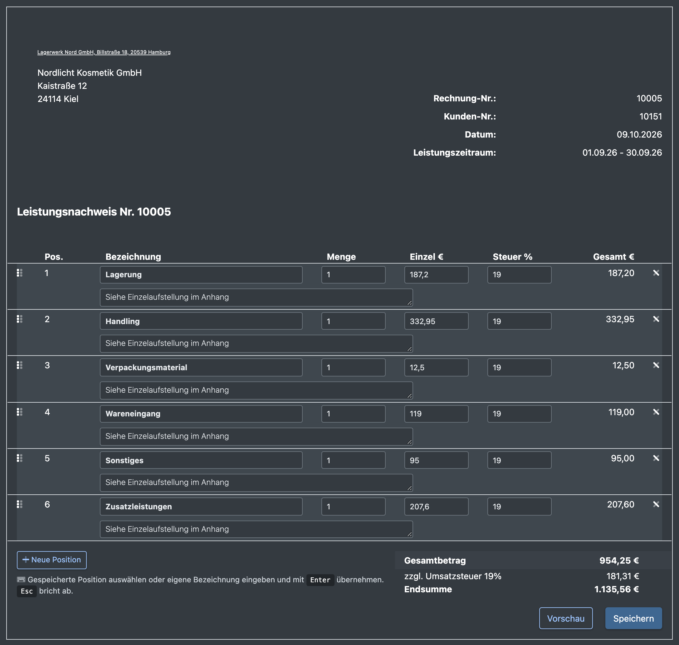 Screenshot: Vorschau der Mandanten-Abrechnung mit einer Summenzeile je Kategorie und der Einzelaufstellung der Kategorie „Storage“