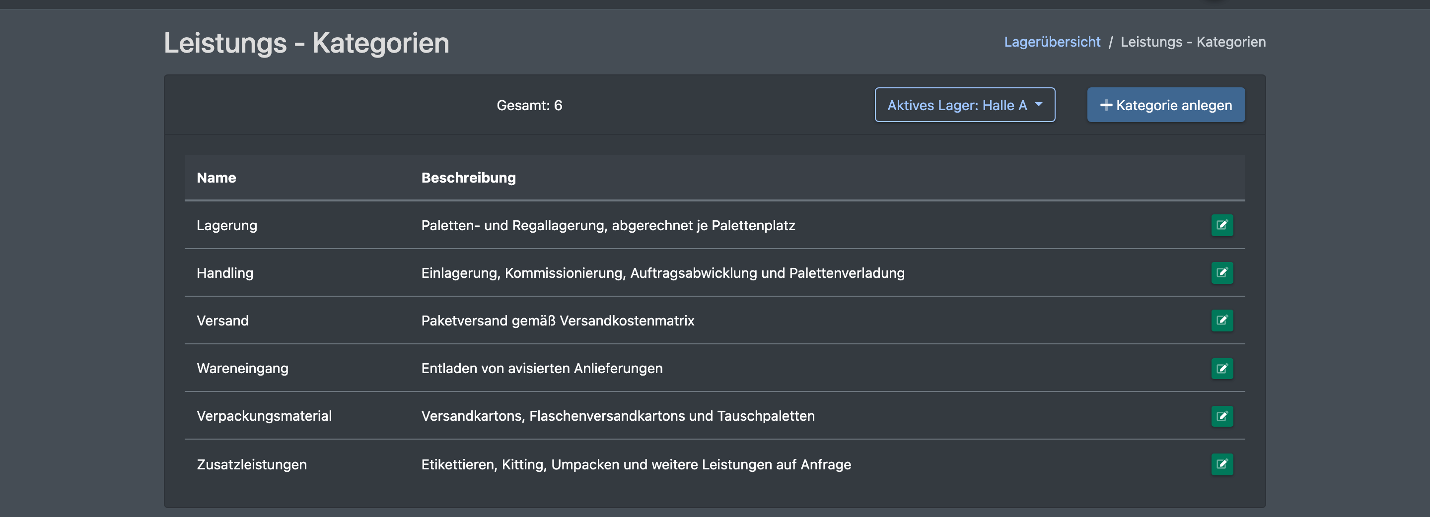 Screenshot: Liste der Leistungs-Kategorien mit einigen Beispiel-Kategorien (Storage, Handling, Shipping) und dem Button „Kategorie anlegen“