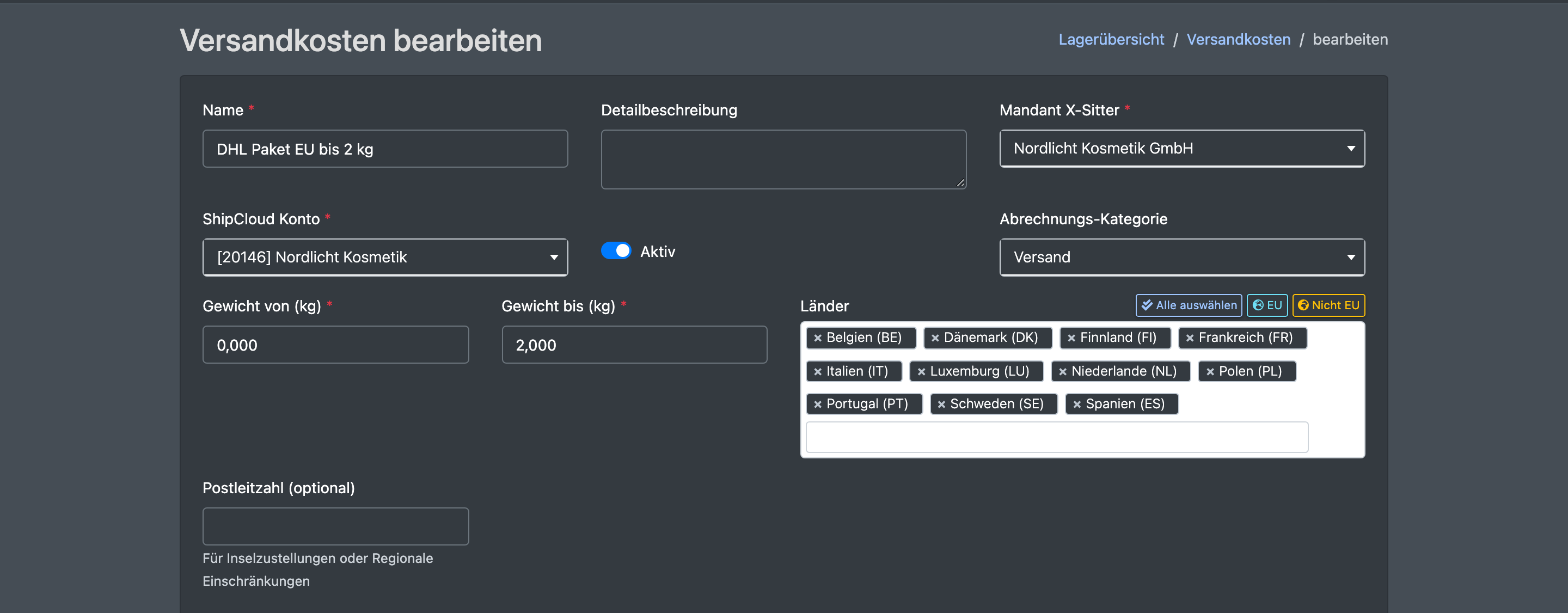 Screenshot: Versandkosten-Formular mit Name, Mandant, ShipCloud Konto, Abrechnungs-Kategorie, Gewichtsbereich und der Länderauswahl mit den Buttons Alle auswählen, EU und Nicht EU