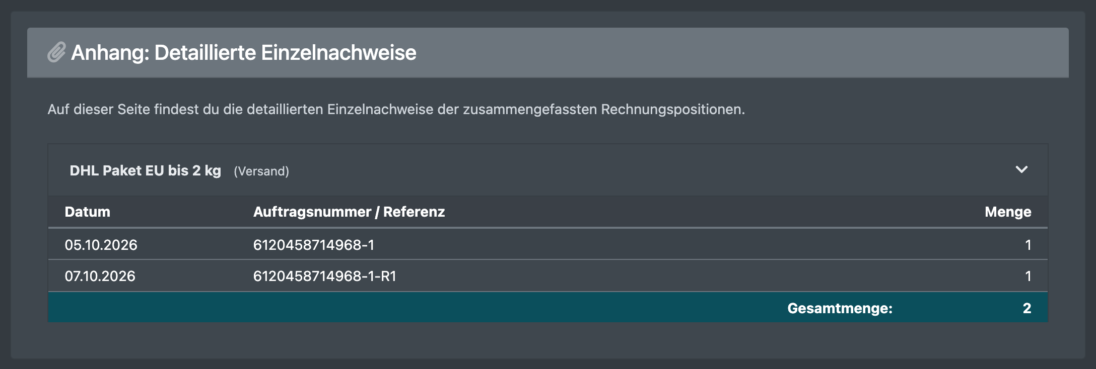 Screenshot: Anhang der Mandanten-Abrechnung mit Versandkosten-Zeilen je Label-Referenz
