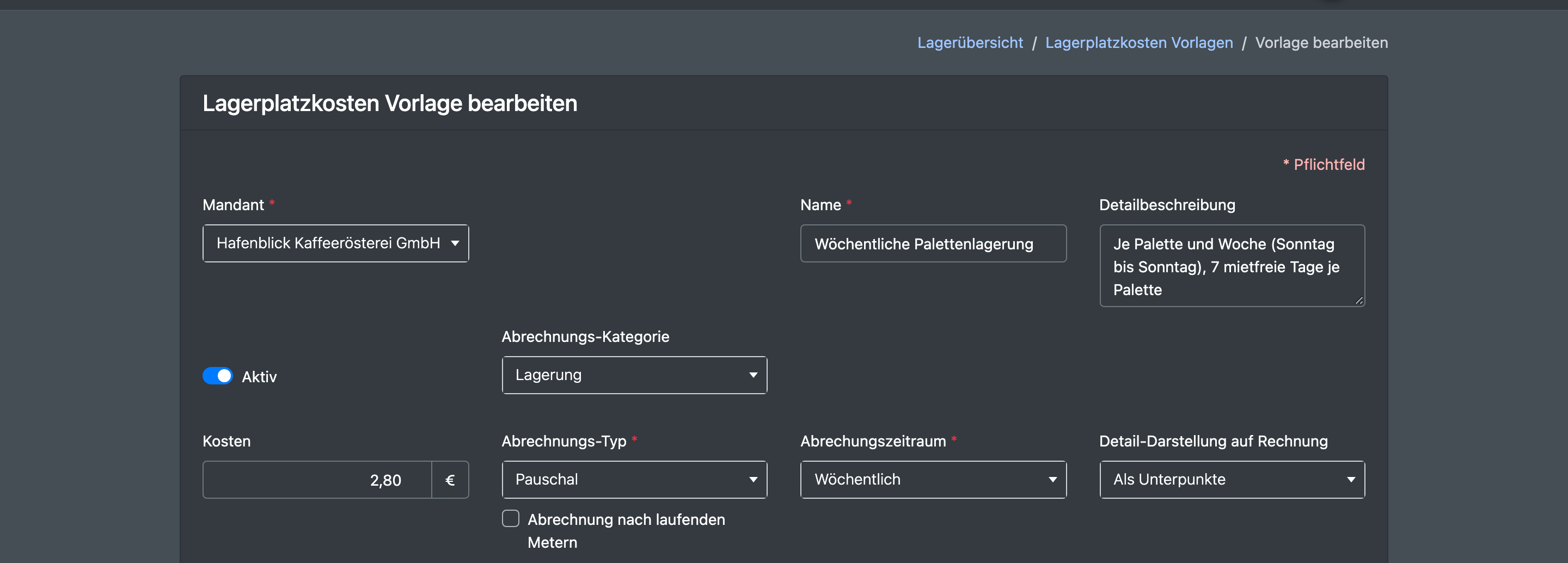 Screenshot: Formular der Lagerplatzkosten-Vorlage, oberer Teil mit Mandant, Name, Abrechnungs-Kategorie, Kosten, Abrechnungs-Typ und Abrechungszeitraum