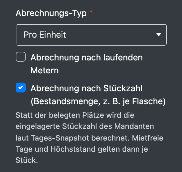 Screenshot: Abrechnungs-Typ „Pro Einheit“ mit gesetztem Haken „Abrechnung nach Stückzahl (Bestandsmenge, z. B. je Flasche)“ und dem Hilfetext darunter