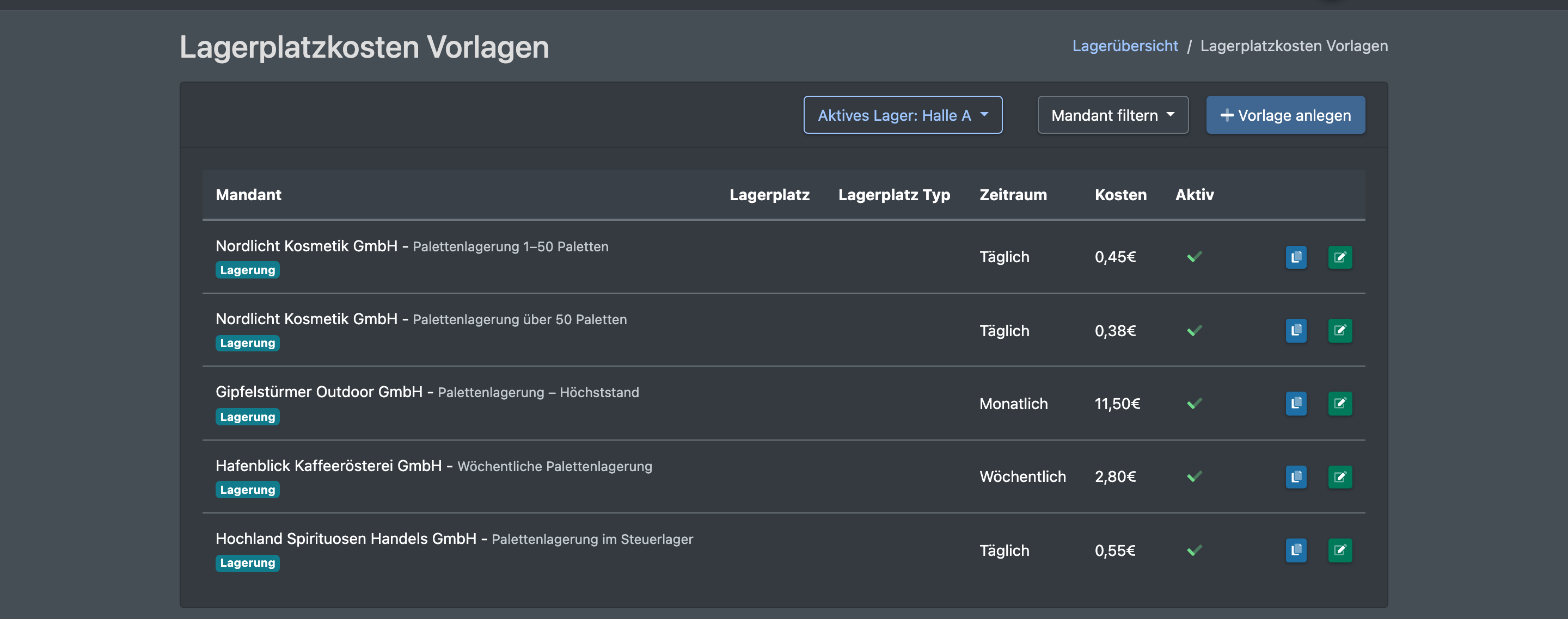 Screenshot: Liste der Lagerplatzkosten-Vorlagen mit Mandanten-Filter und den Spalten Mandant, Zeitraum, Kosten und Aktiv