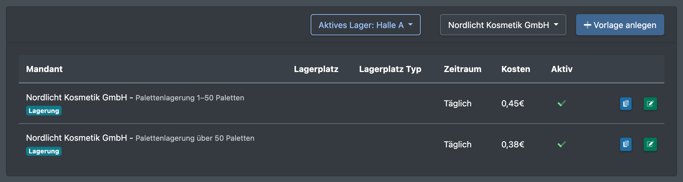 Screenshot: Vorlagenliste mit zwei Lagerplatz-Vorlagen für denselben Mandanten mit den Bereichen 1–50 und mehr als 50